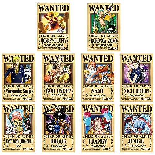 Hilloly 10 Piezas Wanted Póster, 42 * 29 CM Anime Póster One Piece Bounty Poster Collage de Anime para Pared Carteles Art Wall Room Decoration